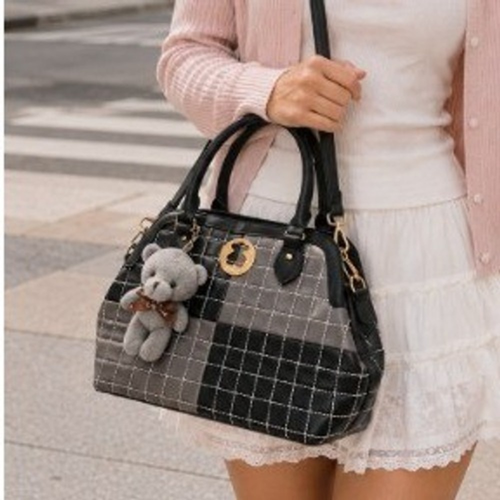 Tous AUTHENTIC Plush Bear Black Gray Quilted Leather Crossbody Luxury Handbag